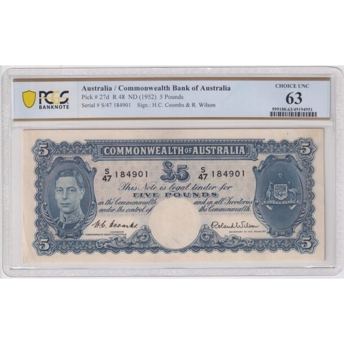 1952 Five Pound Coombs/Wilson R48 PCGS Choice Unc 63