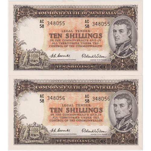 1954 Ten Shilling Consecutive Pair Coombs/Wilson R16 good EF