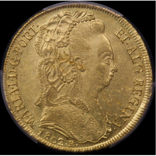 Brazil (Rio) Gold 6,400 Reis 1802-R KM#226.1 PCGS AU58