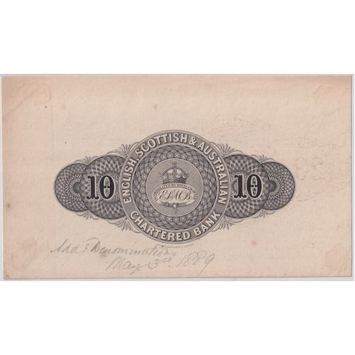 English, Scottish & Australian Chartered Bank 1889 Ten Pound Printers Proof PMG 55 About Unc