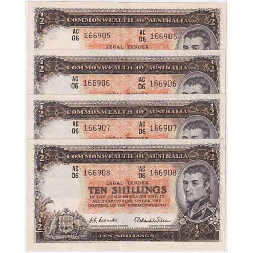 1954 Ten Shilling Consecutive Run of 4 Coombs/Wilson R16 good EF