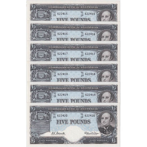 1960 Five Pound Consecutive Run of 6 Coombs/Wilson R50 about Unc