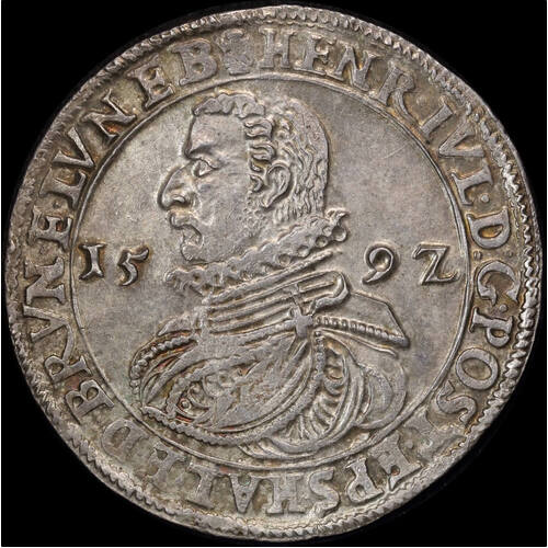 German States (Brunswick) 1592 Silver Thaler Dav# 9072 about Unc