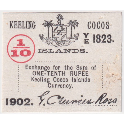 Keeling-Cocos Islands 1902 1/10th Rupee Exchange Note P#S123 about Unc
