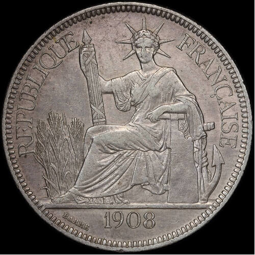 French Indo-China 1908 Silver Piastre KM#5a.1 good EF