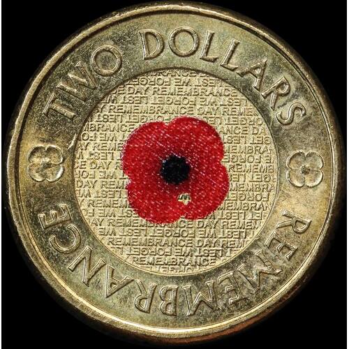 2012 Coloured 2 Dollar Coin Remembrance Day - Red Poppy about Unc
