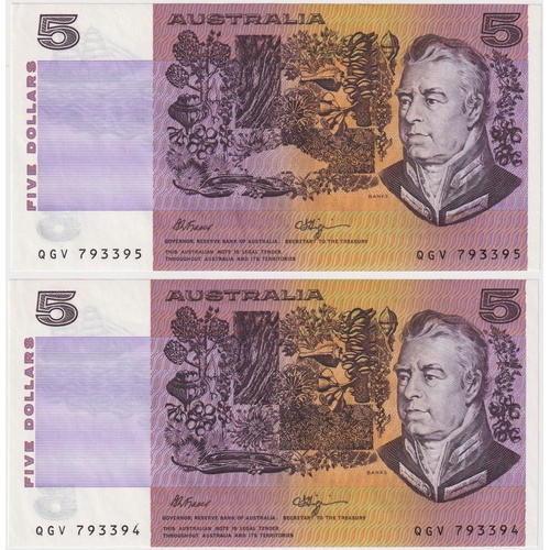 1990 $5 Note Pair Fraser/Higgins Intaglio Obstruction R212 Uncirculated