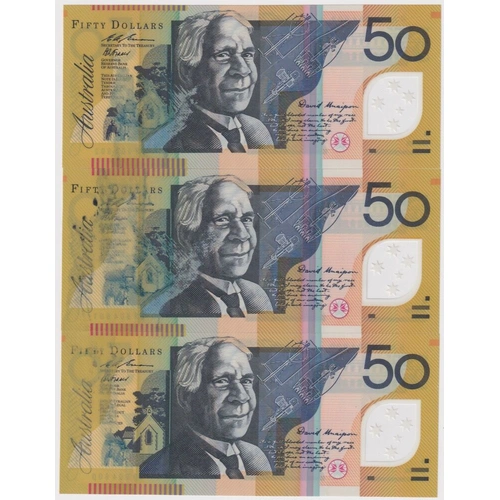 1995 $50 Consecutive Trio of Notes Fraser/Evans R516a Ink Smudge Error Uncirculated