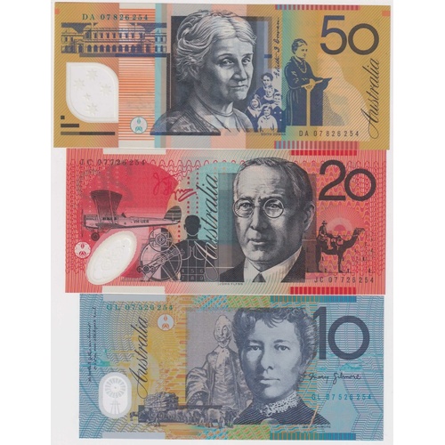 2007 Set of 3 Notes Stevens/Henry Last Prefix Uncirculated Matching Serials