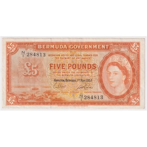 Bermuda 1957 5 Pounds Note P#21c good VF With Security Thread