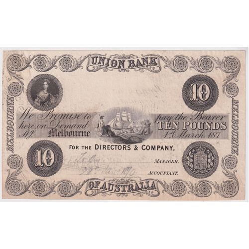 Union Bank of Australia (Melbourne) 1870 10 Pounds Unissued Printer's Proof MVR# 2a Uncirculated