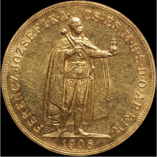 Hungary 1908 Gold 100 Korona KM#491 about Unc