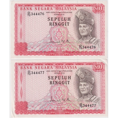 Malaysia 1967 10 Ringgit Consecutive Pair P# 3a GEF