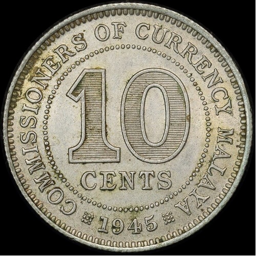 Malaya 1945 Silver 10 Cents KM#4a Uncirculated