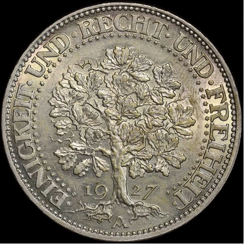 Germany (Weimar Republic) 1927-A Silver 5 Reichsmark KM#56 Uncirculated