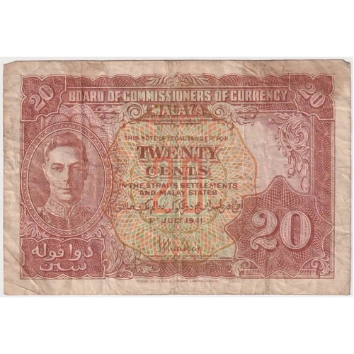 Malaya 1941 20 Cents Pick# 9 Fine