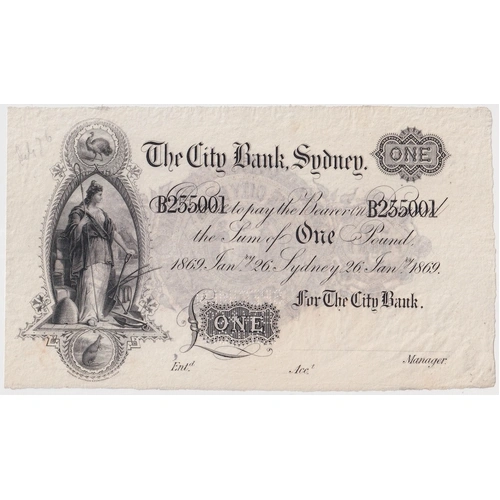 City Bank of Sydney 1869 1 Pound Unissued Specimen Note MVR# 2c Uncirculated