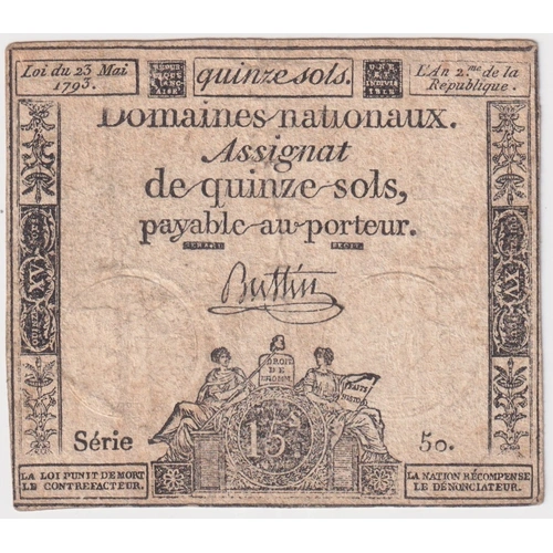 France 23.5.1793 15 Sols Assignat P# A.68 Very Fine