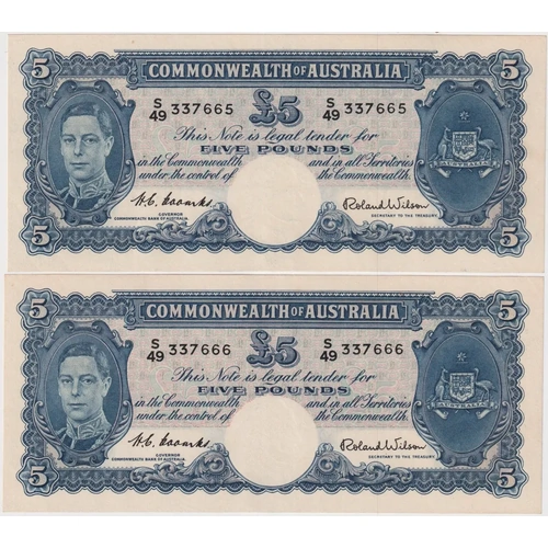 1952 Five Pound Consecutive Pair Coombs/Wilson R48 good EF
