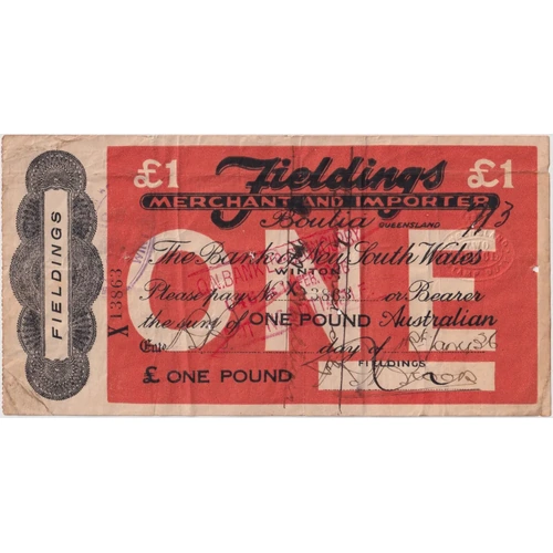 Fieldings (Boulia) 1936 One Pound Private Trader's Note Fine
