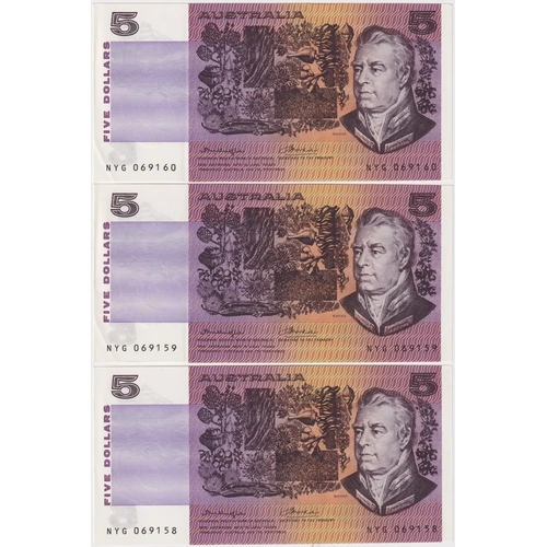 1976 $5 Note Consecutive Trio OCR-B Serials Side Thread Knight/Wheeler R206cL good EF