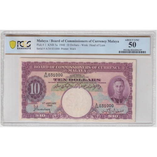 Malaya 1940 10 Dollars P# 1 PCGS AU50