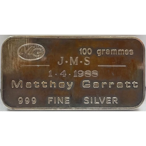 Vintage 100g Silver Ingot Johnson Matthey 99.9% With Date