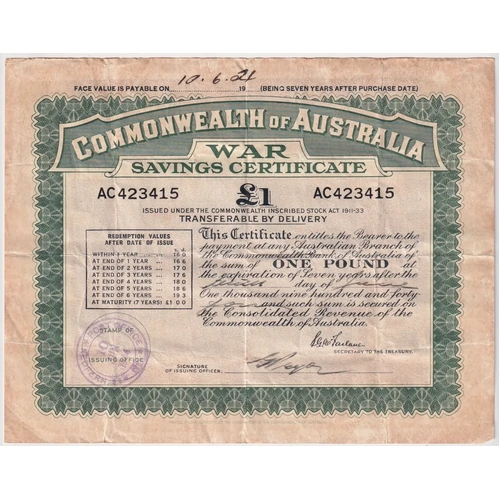 Australia 1944 1 Pound War Savings Certificate Redfern Fine