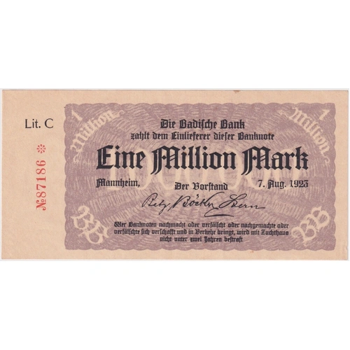 German States (Baden) 07.08.1923 1 Million Marks P#S912 Uncirculated