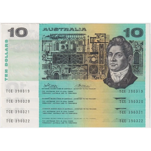 1972 $10 Consecutive Run of 4 Notes Commonwealth of Australia Phillips/Wheeler R304 about Unc