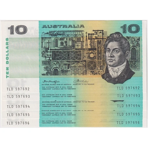 1976 $10 Note Consecutive Run of 5 Gothic Serials Side Thread Knight/Wheeler R306B good EF