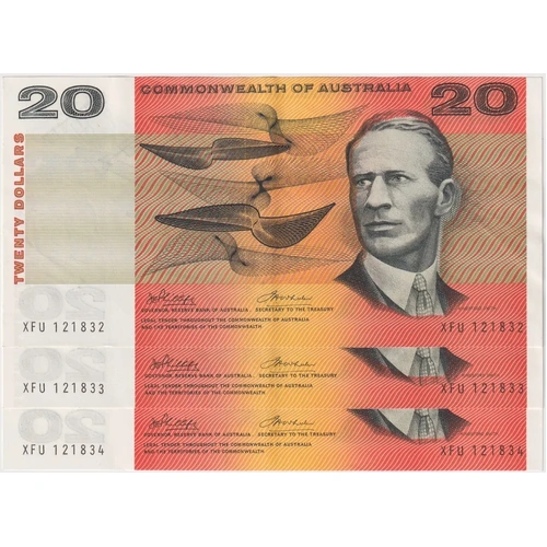 1972 $20 Note Commonwealth of Australia Consecutive Trio Phillips/Wheeler R404 good EF