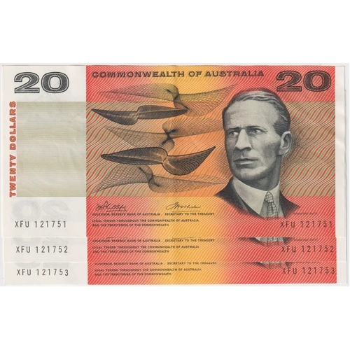 1972 $20 Note Commonwealth of Australia Consecutive Trio Phillips/Wheeler R404 Extremely Fine