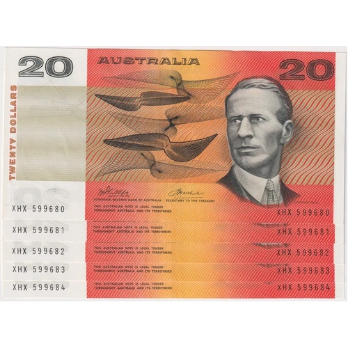 1974 $20 Notes Consecutive Run of 5 Australia Phillips/Wheeler R405 good EF