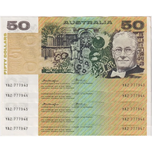 1976 $50 Note Consecutive Run of 5 Gothic Centre Knight/Wheeler R506A about Unc