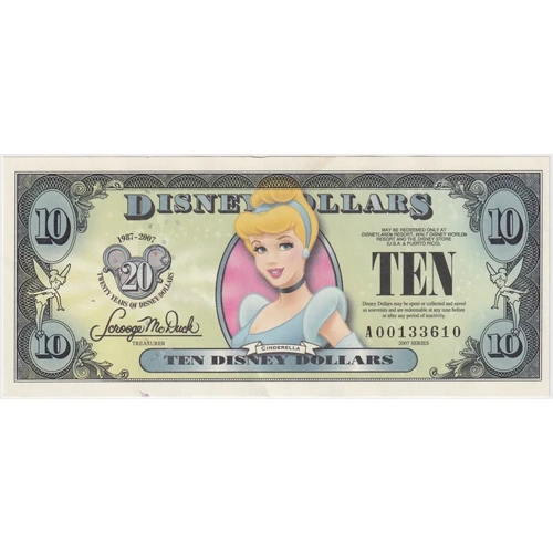 Disneyland 2007 10 Dollars in Envelope Cinderella Uncirculated