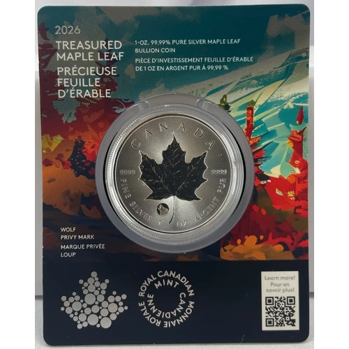 Canada 2026 Silver 5 Dollars Treasured Maple Leaf Wolf Privy Mark