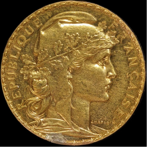 France 1910 Gold 20 Francs Rooster KM#857 good EF