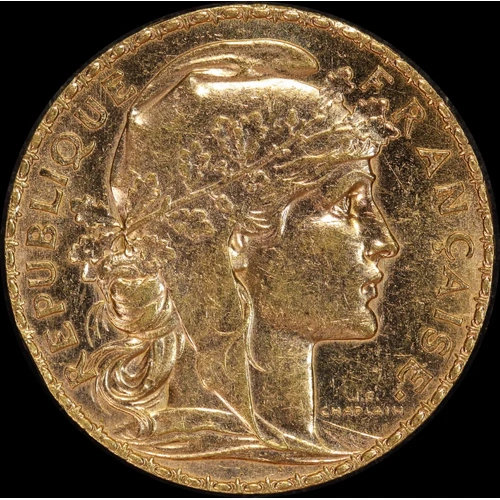 France 1914 Gold 20 Francs Rooster KM#857 about Unc