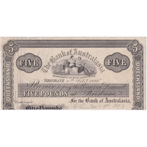 Bank of Australasia (Brisbane) 1893 5 Pound Part Printer's Proof MVR# 2b about VF
