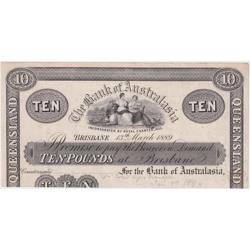 Bank of Australasia (Brisbane) 1893 10 Pound Part Printer's Proof MVR# 2b Very Fine
