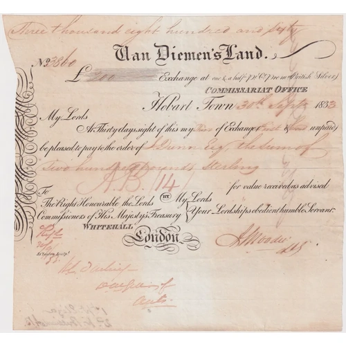 Van Diemen's Land Commissariat Office Bill of Exchange 1833 John Dunn for Two Hundred Pounds