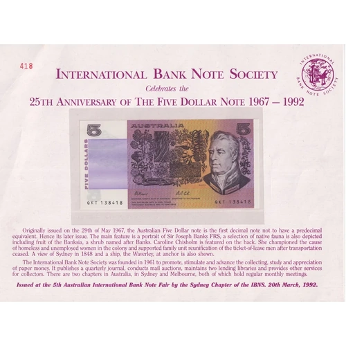 1992 Five Dollar Note 25th Anniversary International Bank Note Fair Sydney