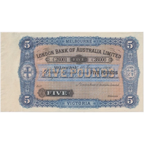 1906 London Bank Of Australia Ltd (Melbourne) Five Pounds Unissued Specimen Note MVR#5 Uncirculated