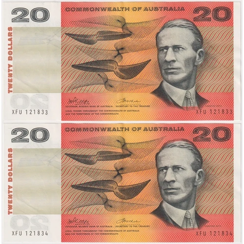 1972 $20 Note Commonwealth of Australia Consecutive Pair Phillips/Wheeler R404 good EF