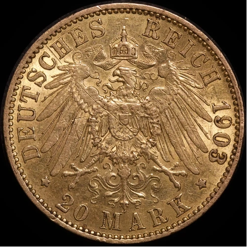 German States (Prussia) 1903-A Gold 20 Mark P# 521 good EF