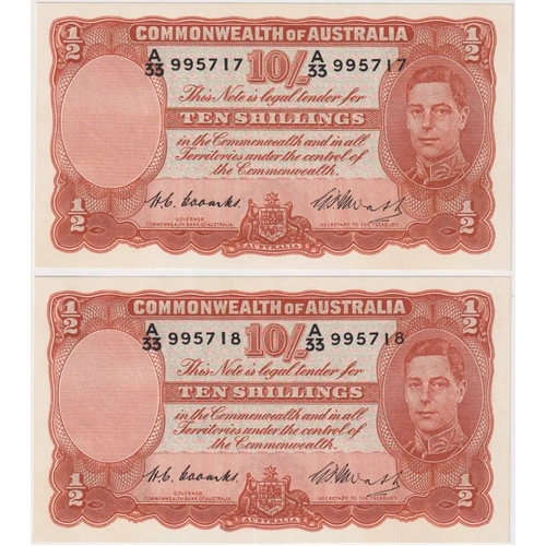 1949 Ten Shilling Consecutive Pair Coombs/Watt R14 about Unc