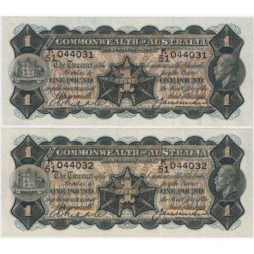 1927 One Pound Consecutive Pair Riddle/Heathershaw R26 good EF