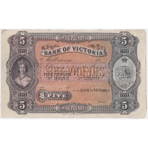 Bank of Victoria (Melbourne) ca1889 5 Pounds Unissued Specimen Note MVR# 3a Uncirculated