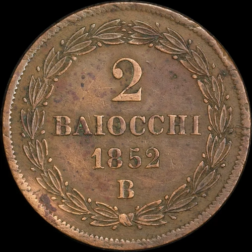Italian States (Papal States) 1853-B Copper 2 Baiocchi KM#1344 Very Fine
